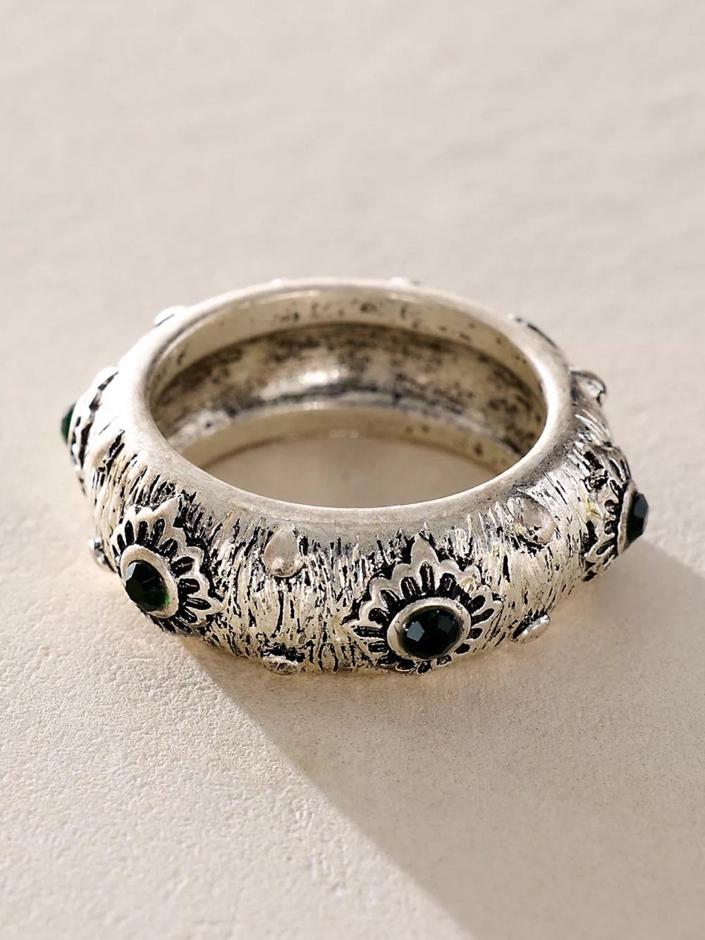 Free People radar Silver Ring with Green Stone Accents